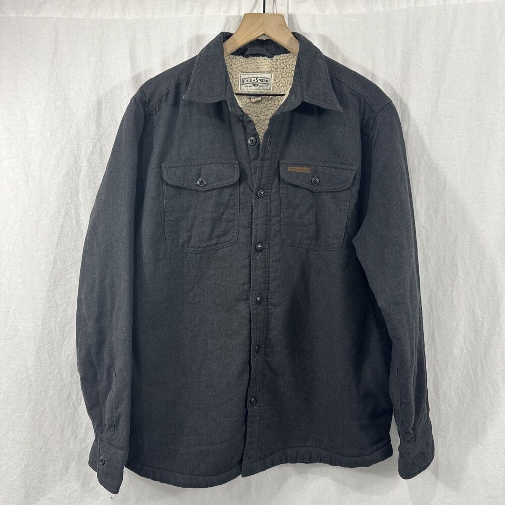 Field & Stream Sherpa Lined Grey Button Shirt Jacket Men Sz L Outdoor Camping